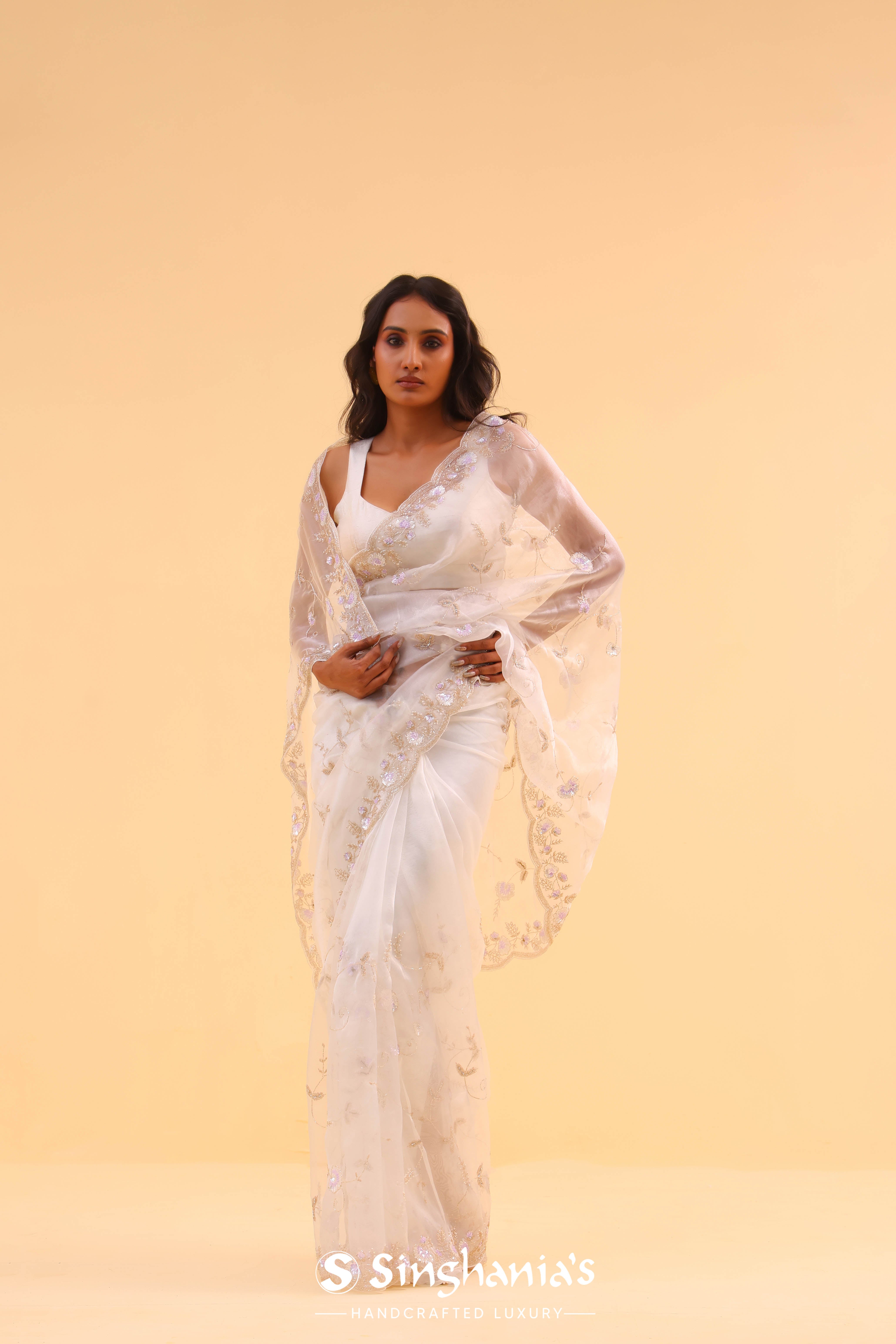 Vista White Organza Handcrafted Saree