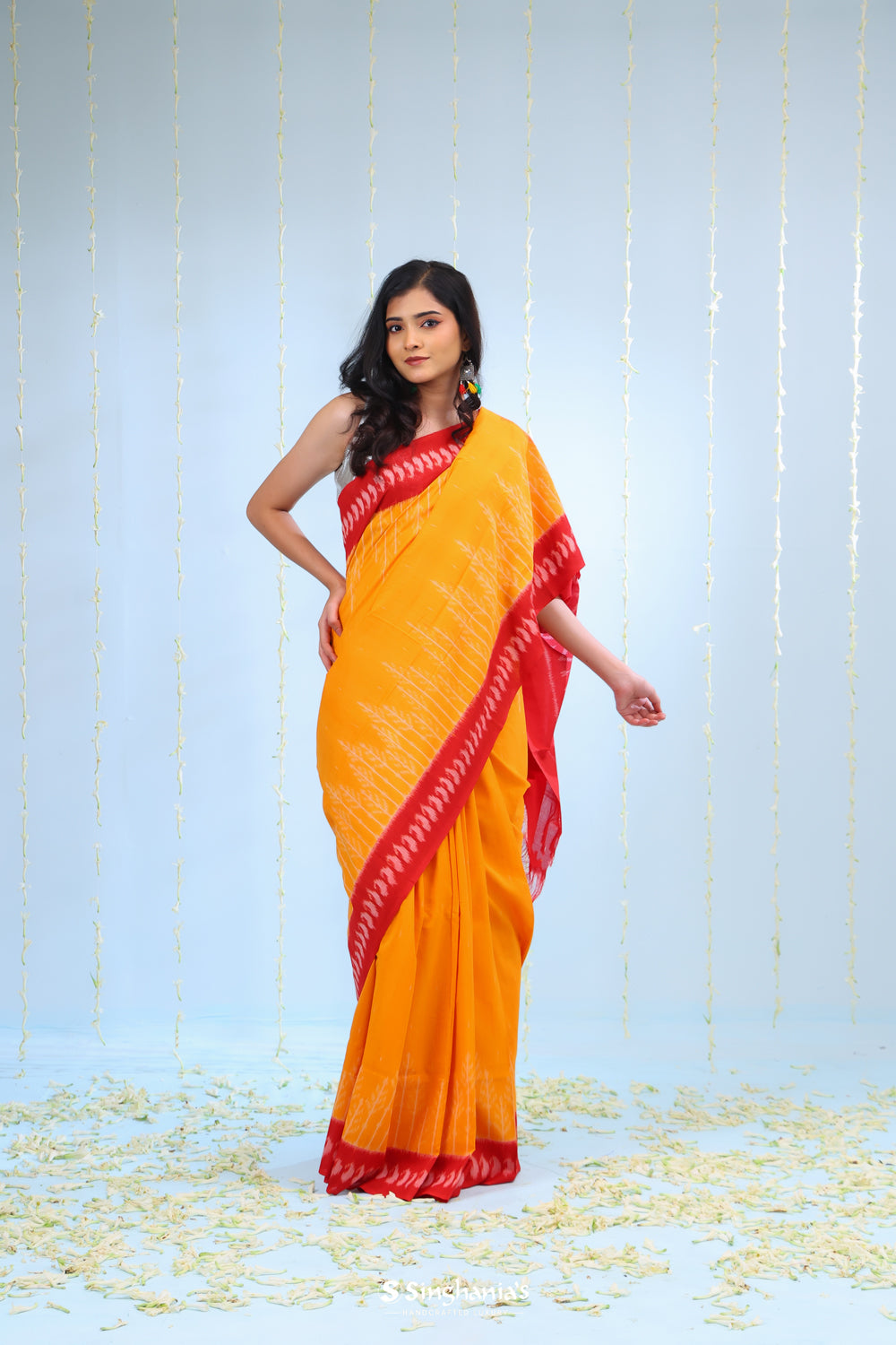 Marigold Orange Ikkat Cotton Saree With Contrast Border