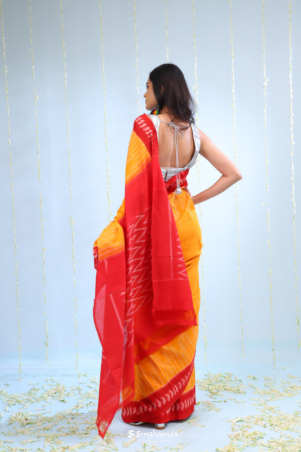 Marigold Orange Ikkat Cotton Saree With Contrast Border