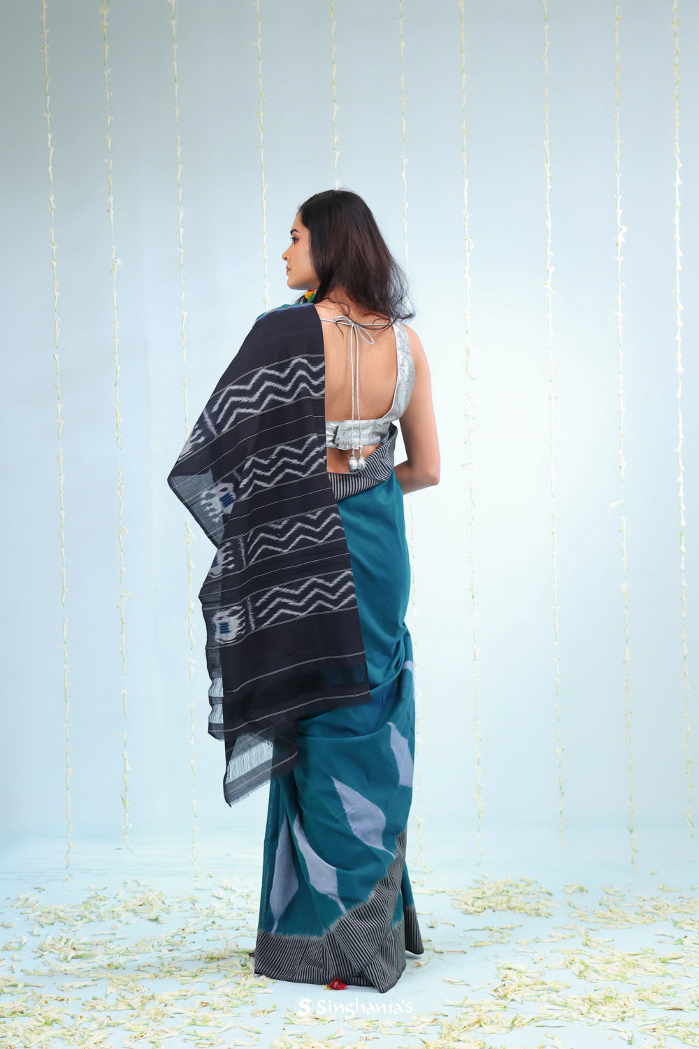 Peacock Blue Ikkat Cotton Saree With Contrast Border