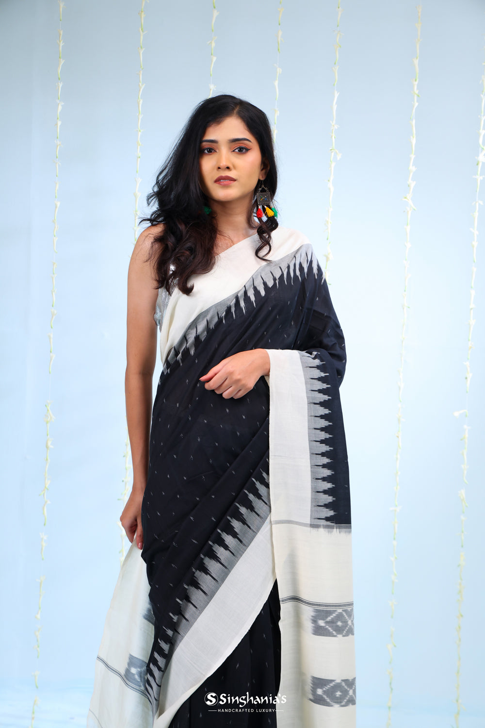 Rich Black Ikkat Cotton Saree With Contrast Border