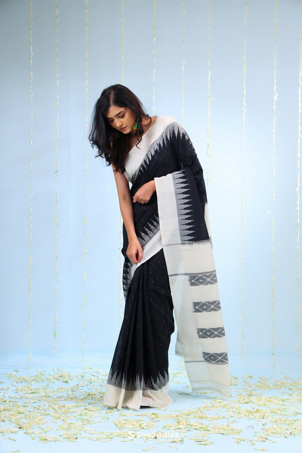 Rich Black Ikkat Cotton Saree With Contrast Border