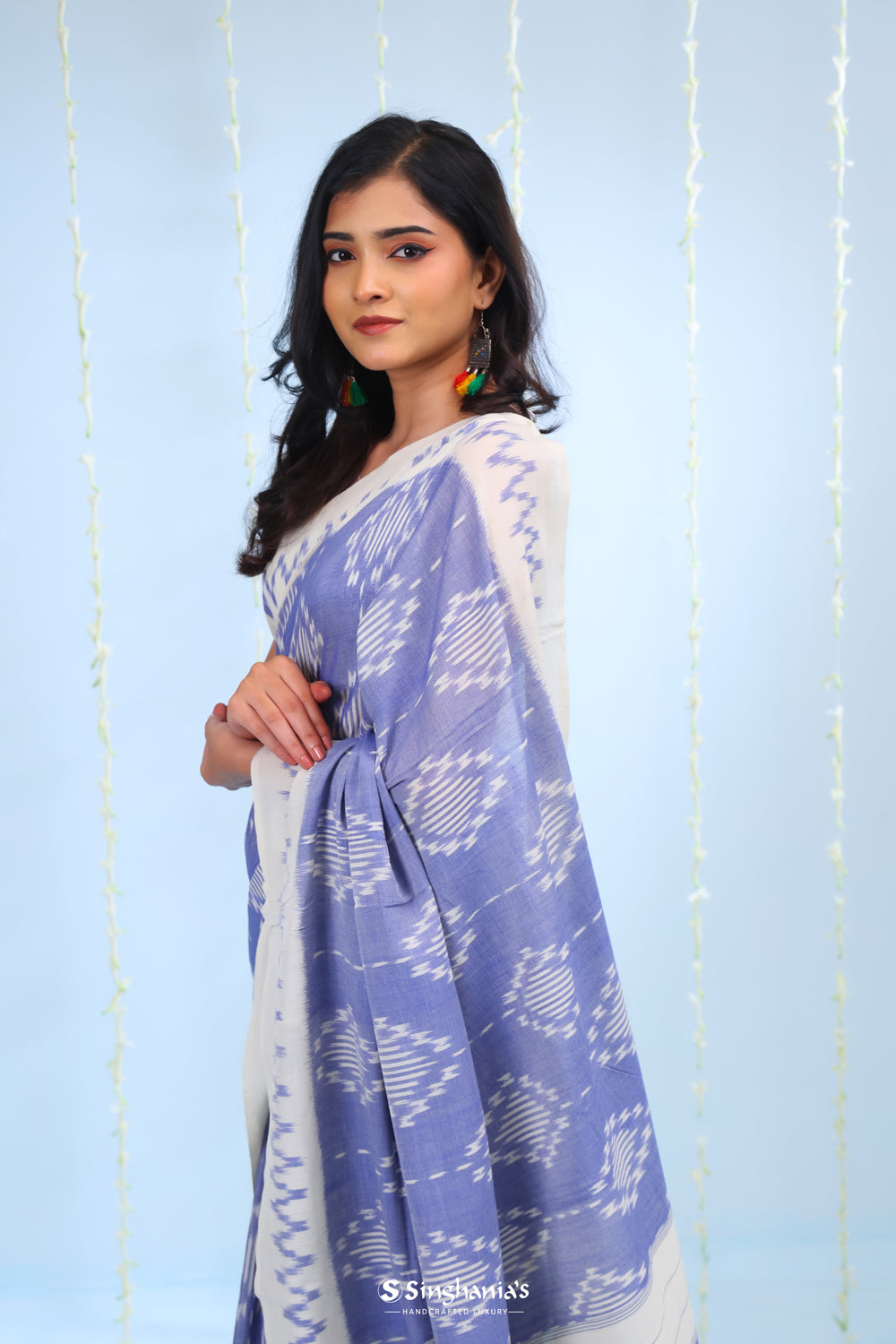 Blue White Ikkat Cotton Saree With Contrast Border