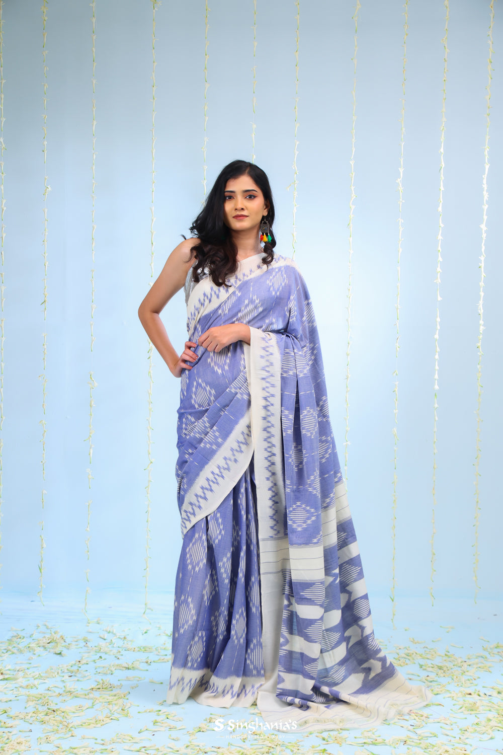 Blue White Ikkat Cotton Saree With Contrast Border