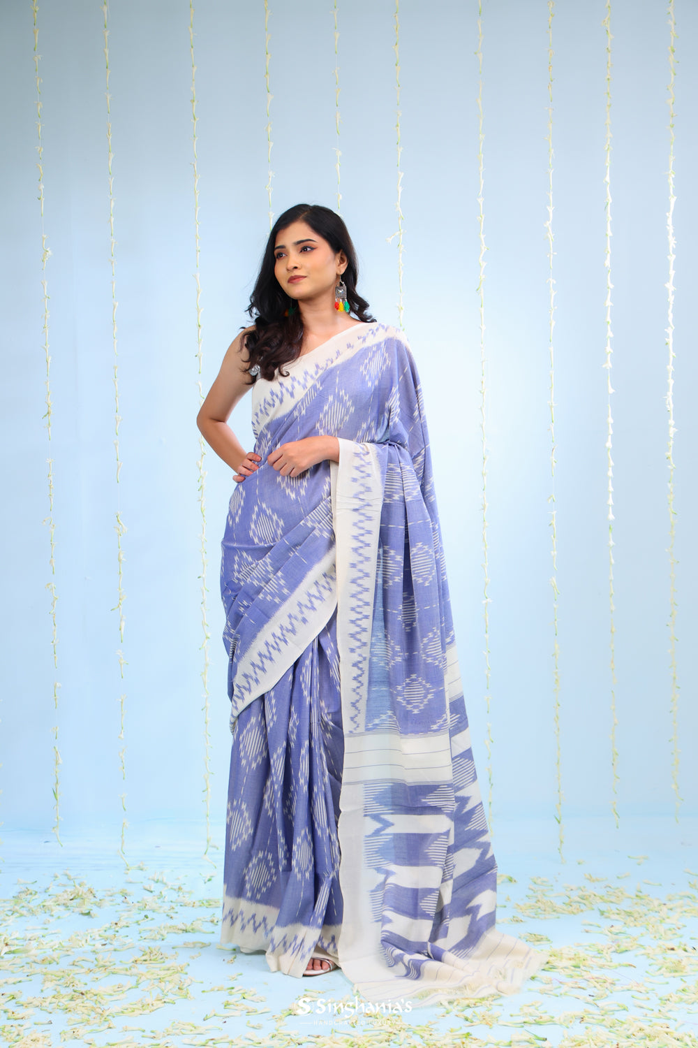 Blue White Ikkat Cotton Saree With Contrast Border