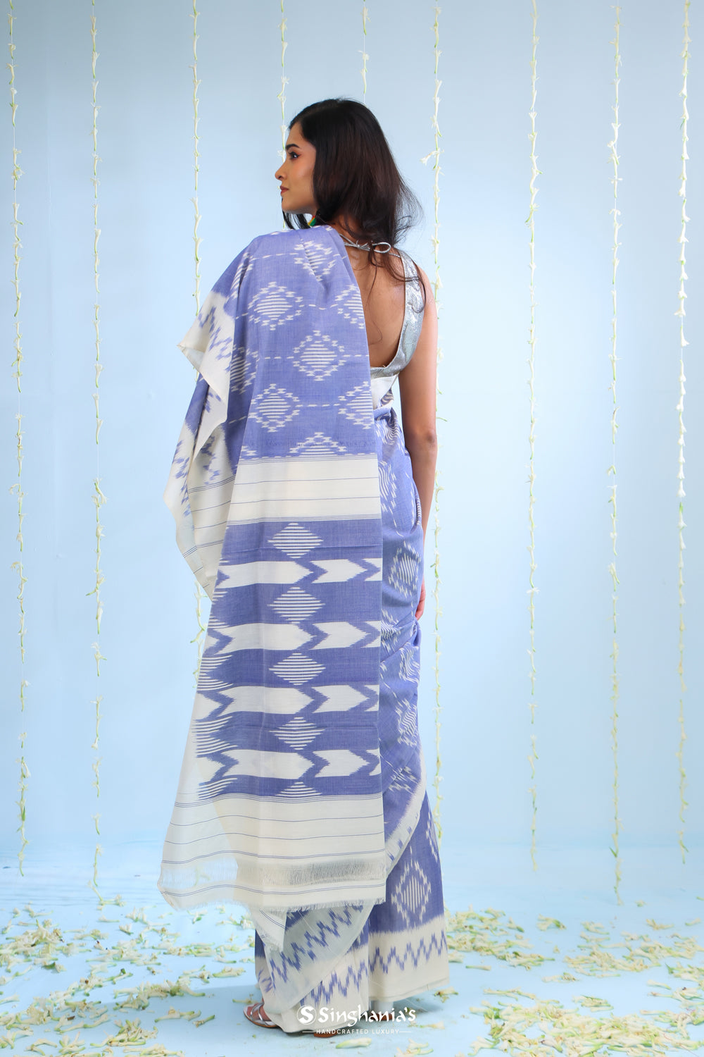 Blue White Ikkat Cotton Saree With Contrast Border