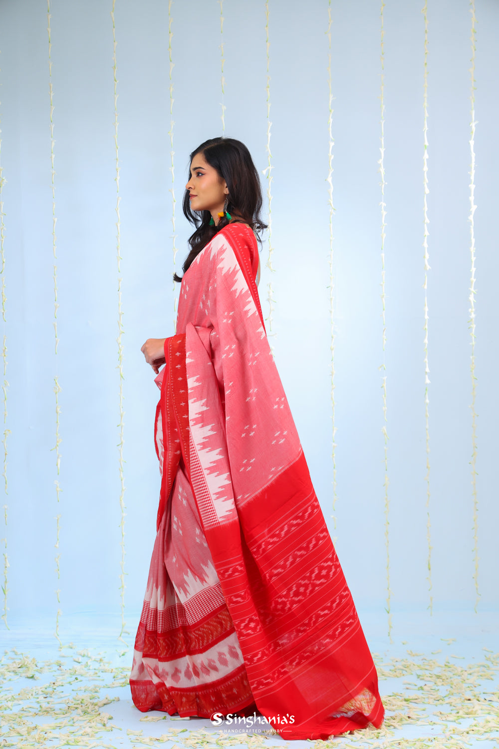 White Red Ikkat Cotton Saree With Traditional Pattern