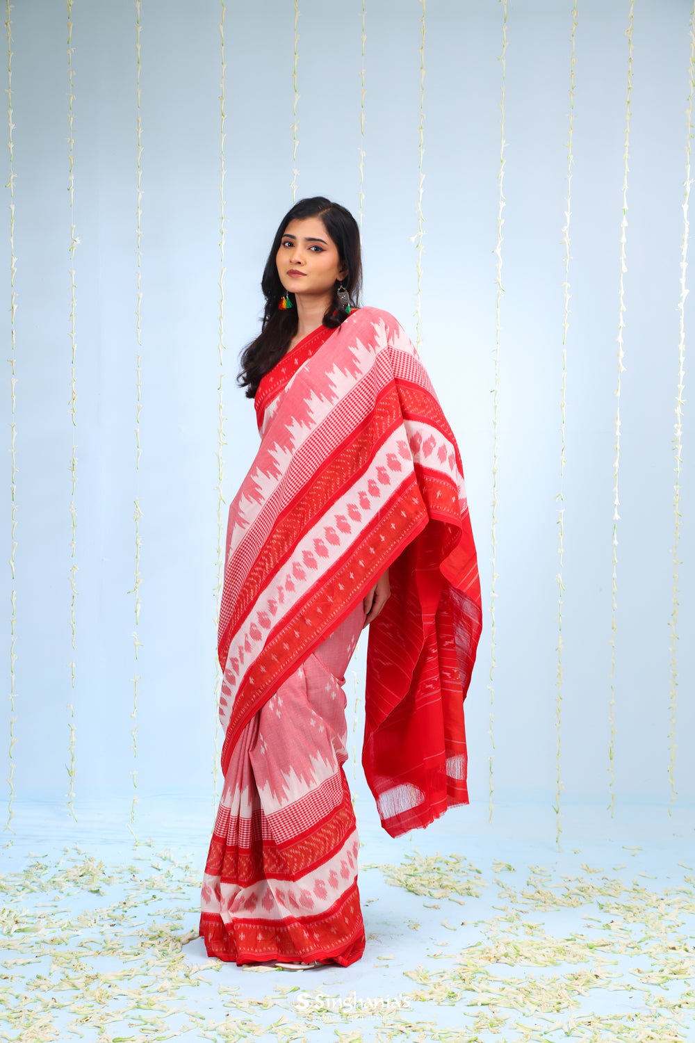 White Red Ikkat Cotton Saree With Traditional Pattern