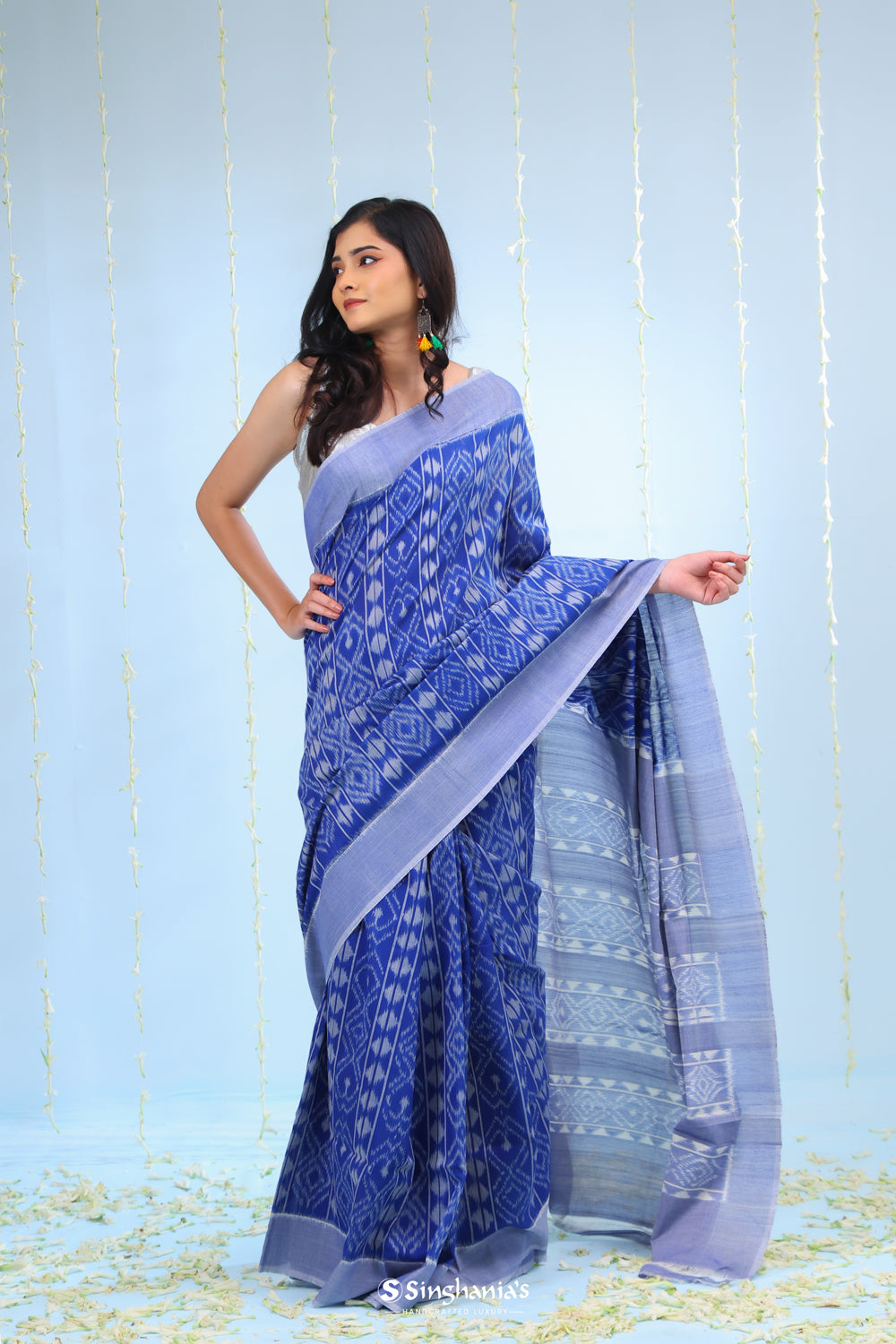 Deep Blue Ikkat Cotton Saree With Small Border