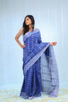 Deep Blue Ikkat Cotton Saree With Small Border