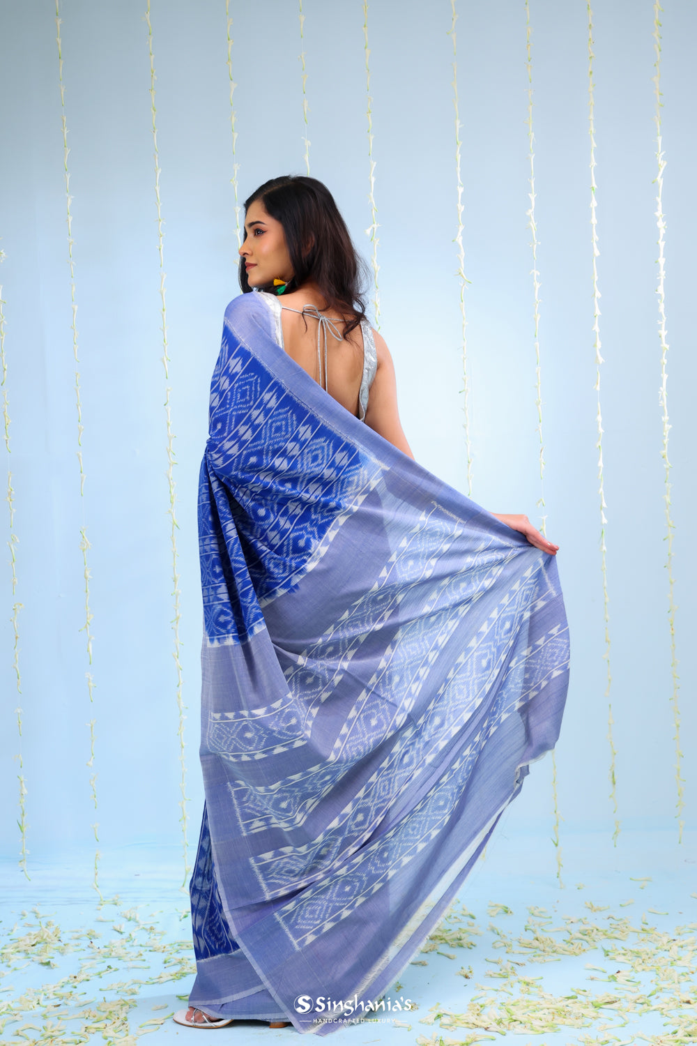 Deep Blue Ikkat Cotton Saree With Small Border