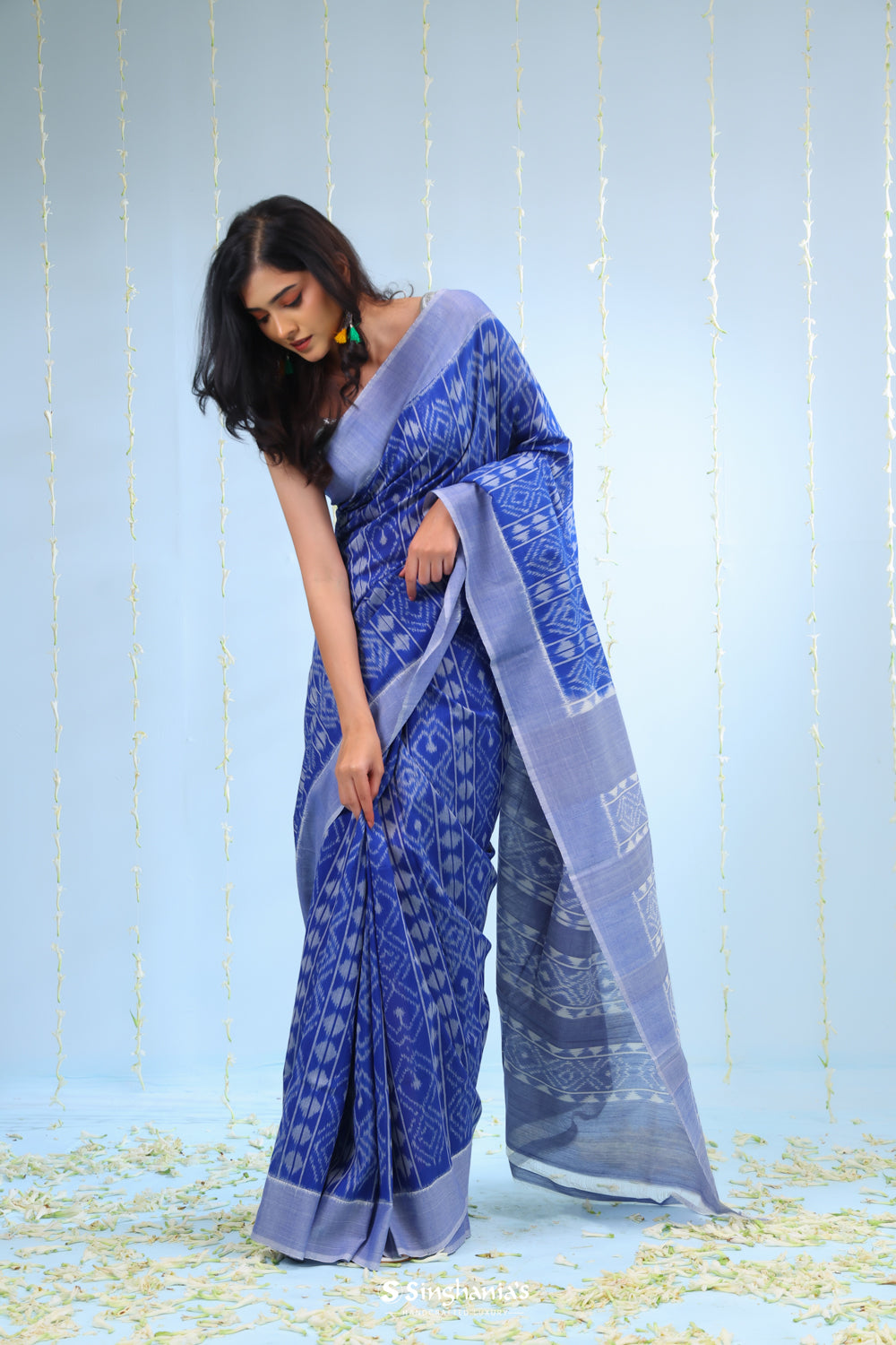 Deep Blue Ikkat Cotton Saree With Small Border