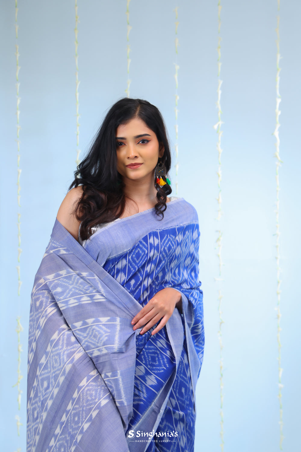 Deep Blue Ikkat Cotton Saree With Small Border