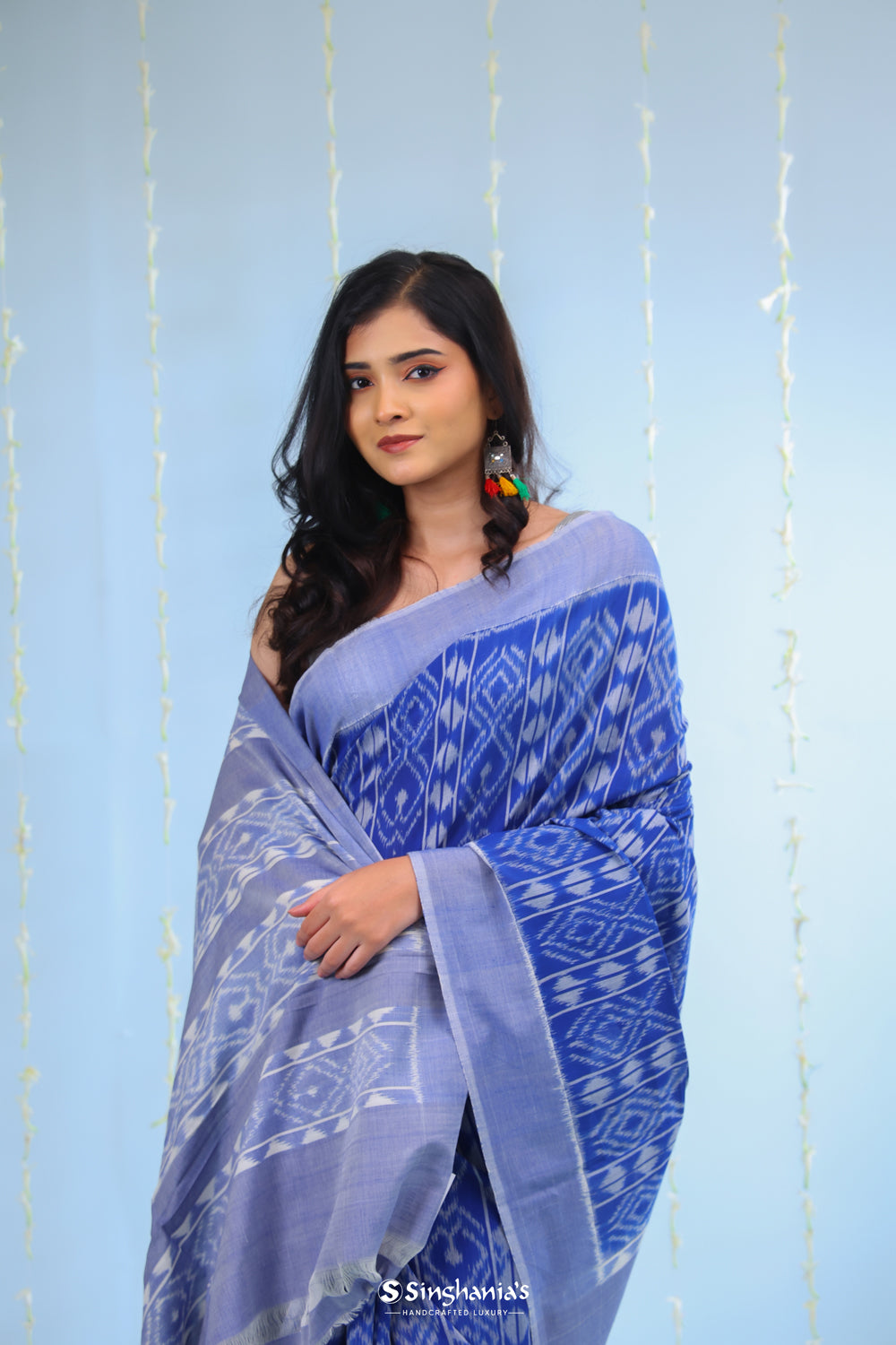 Deep Blue Ikkat Cotton Saree With Small Border