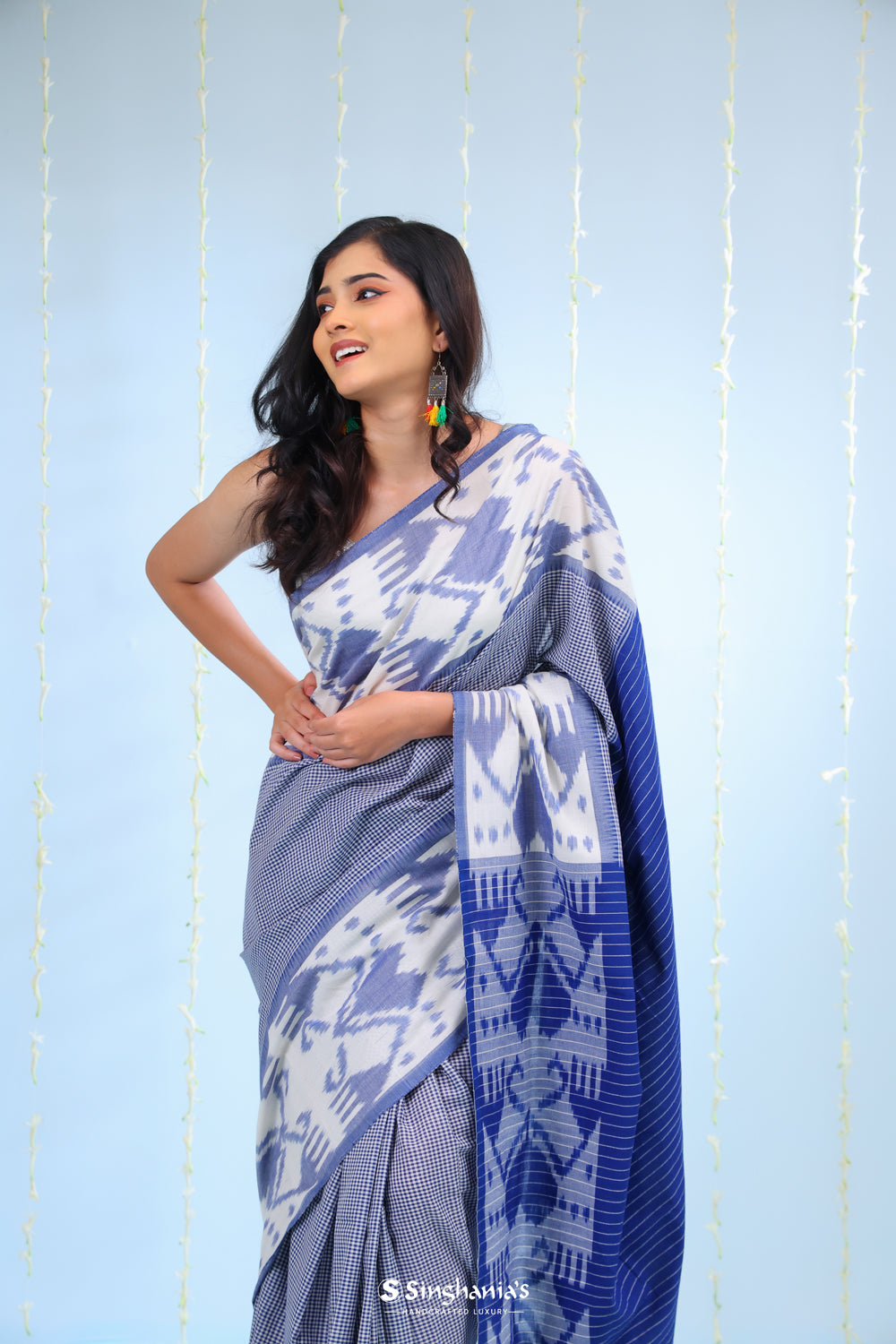 Deep Blue Ikkat Cotton Saree With Big Border