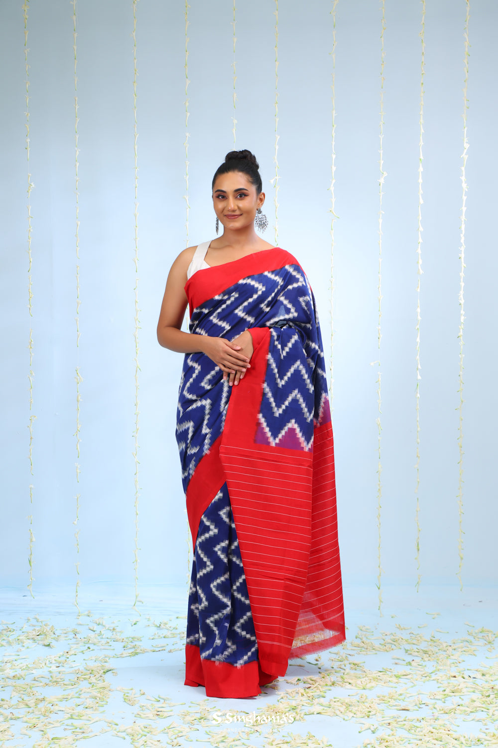 Deep Blue Ikkat Cotton Saree With Chevron Pattern