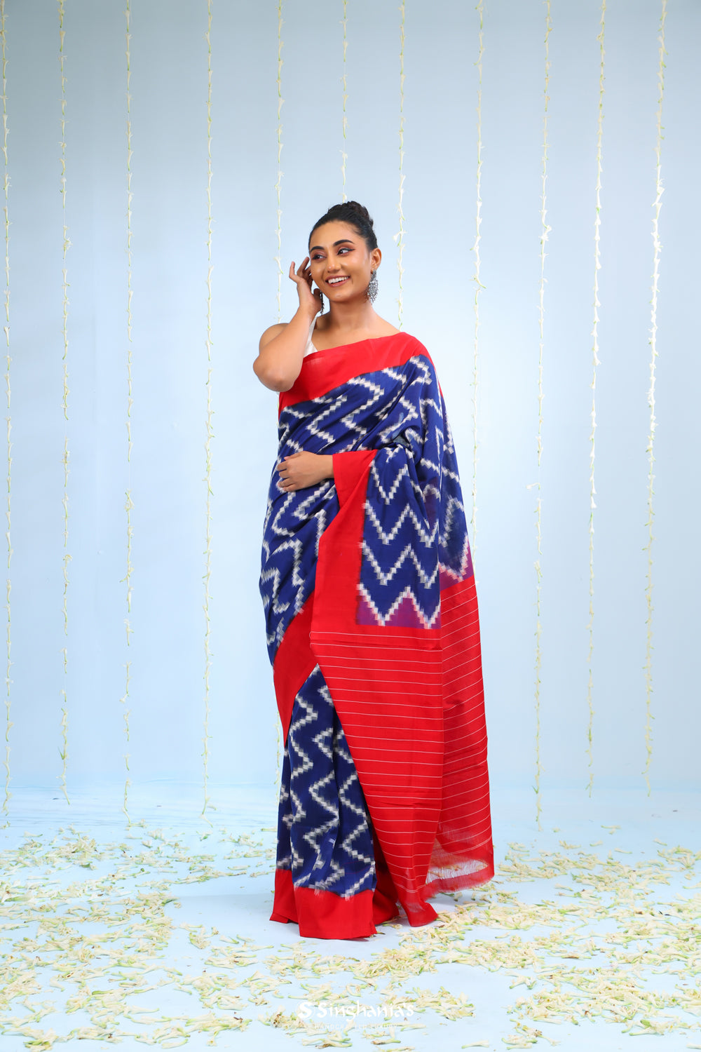 Deep Blue Ikkat Cotton Saree With Chevron Pattern