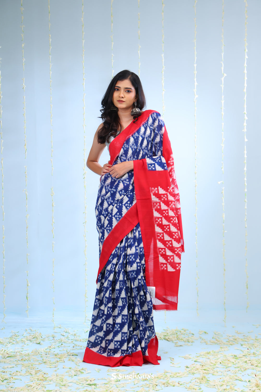 Royal Blue Ikkat Cotton Saree With Abstract Pattern