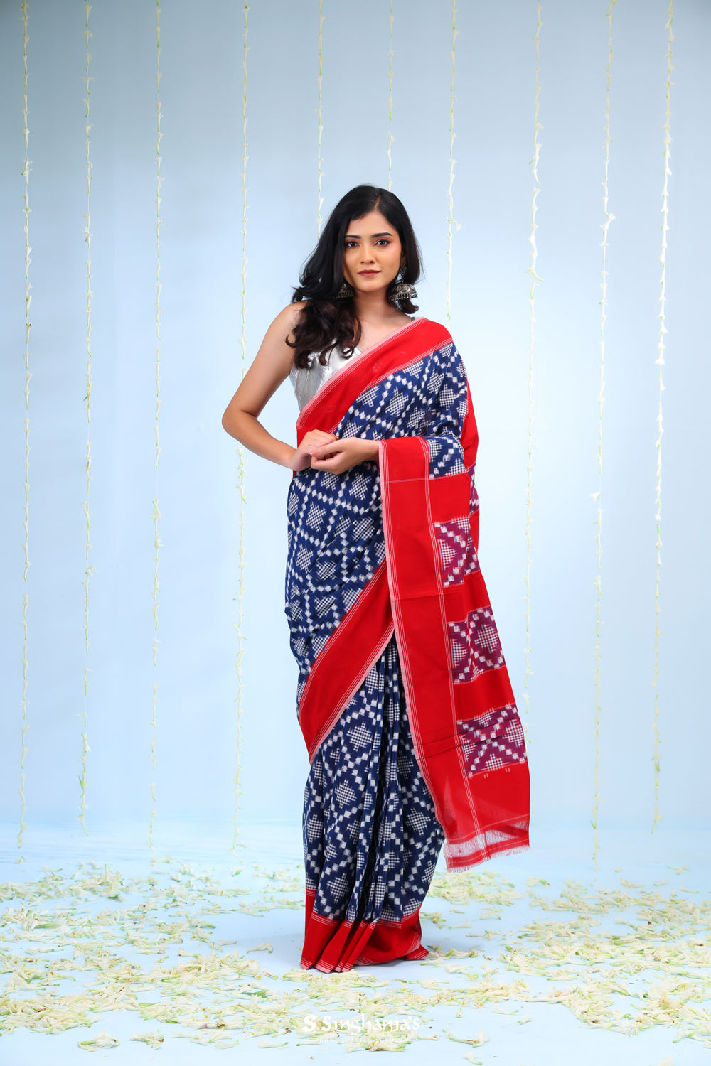 Royal Blue Ikkat Cotton Saree With Contrast Border