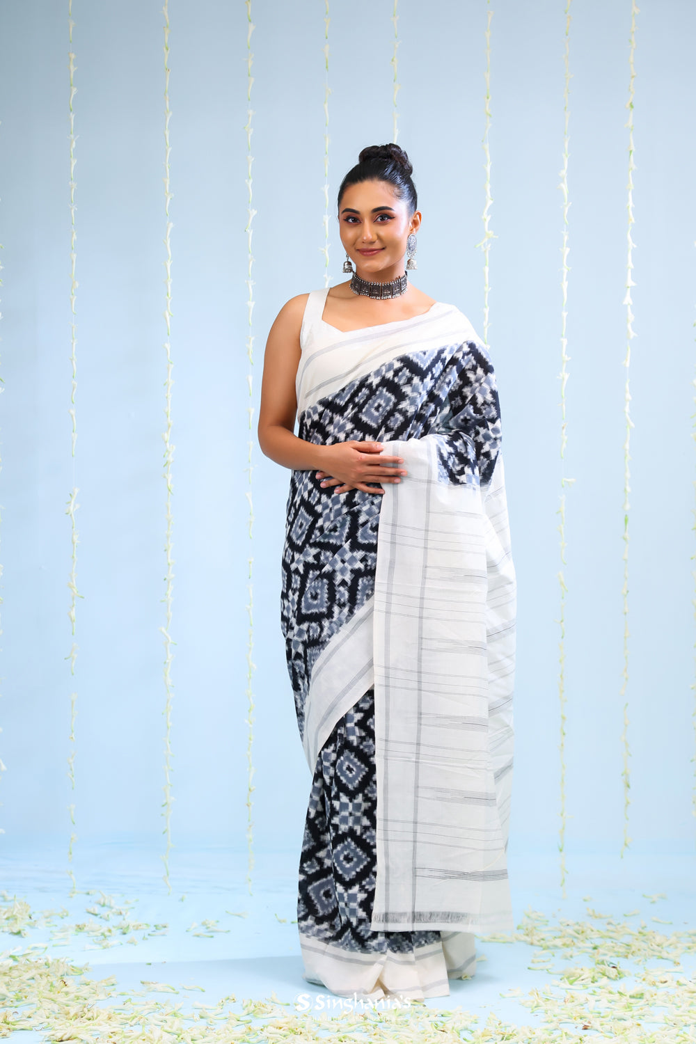 Coal Black Ikkat Cotton Saree With Contrast Border