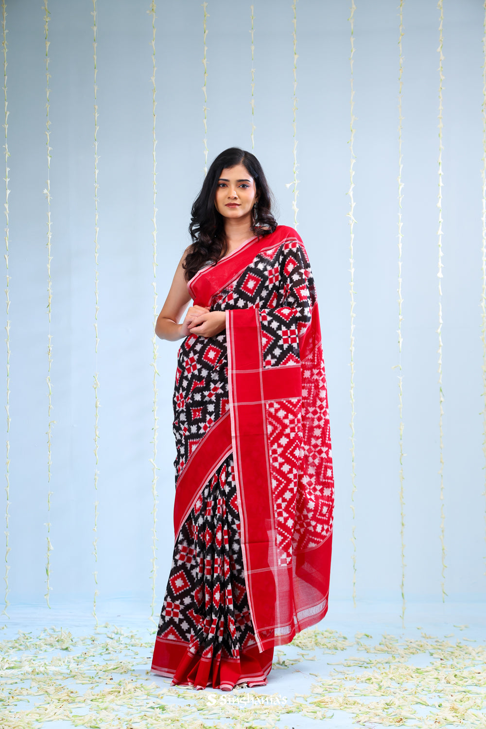 Dark Black Ikkat Cotton Saree With Contrast Border