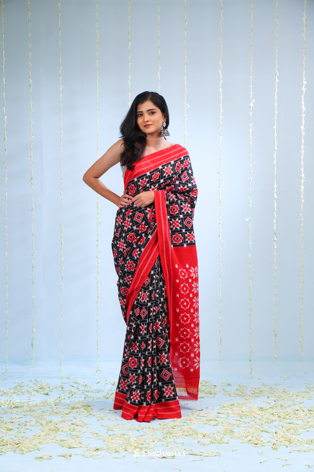 Deep Black Ikkat Cotton Saree With Contrast Border