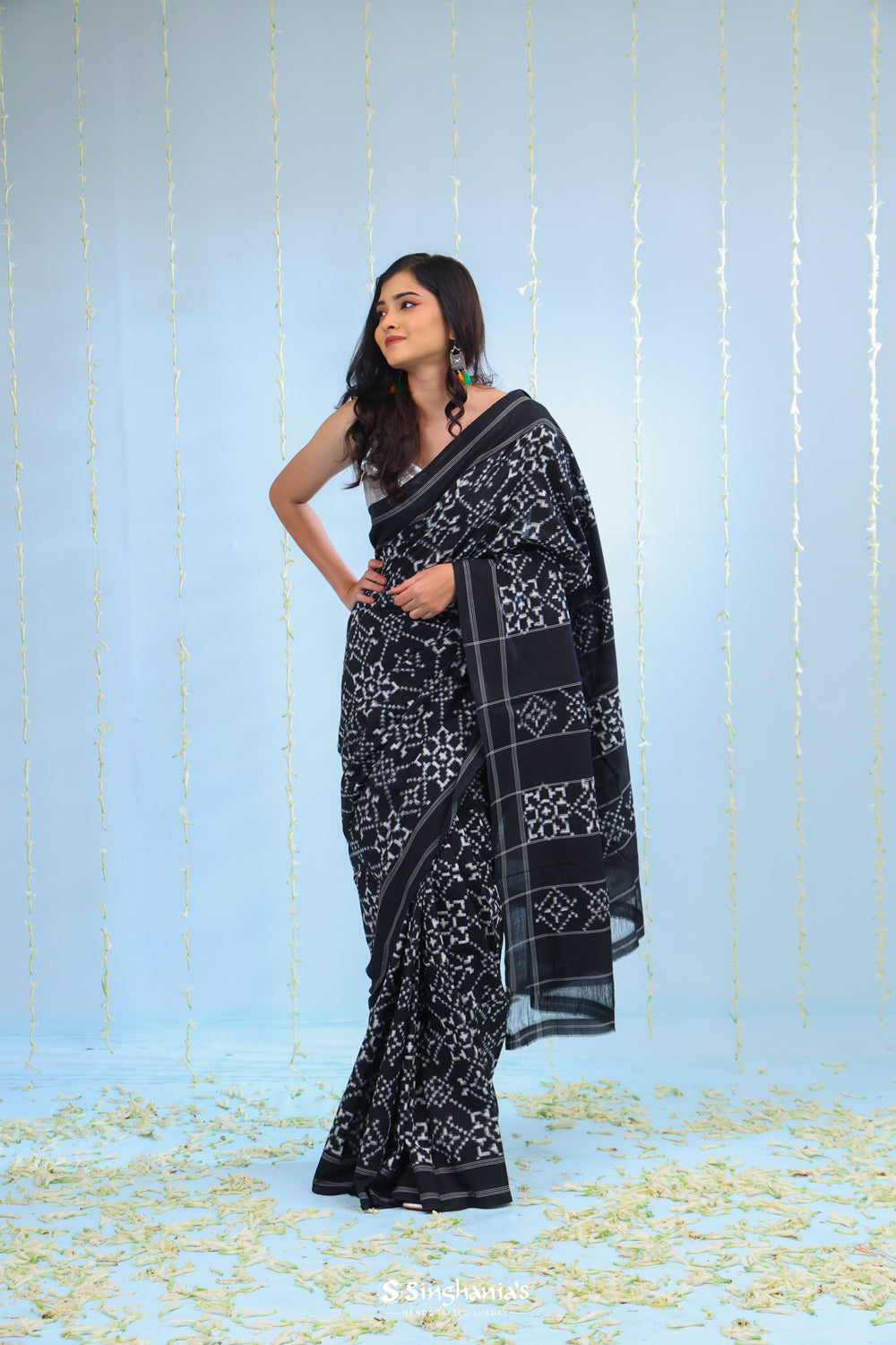 Night Black Ikkat Cotton Saree With Small Border