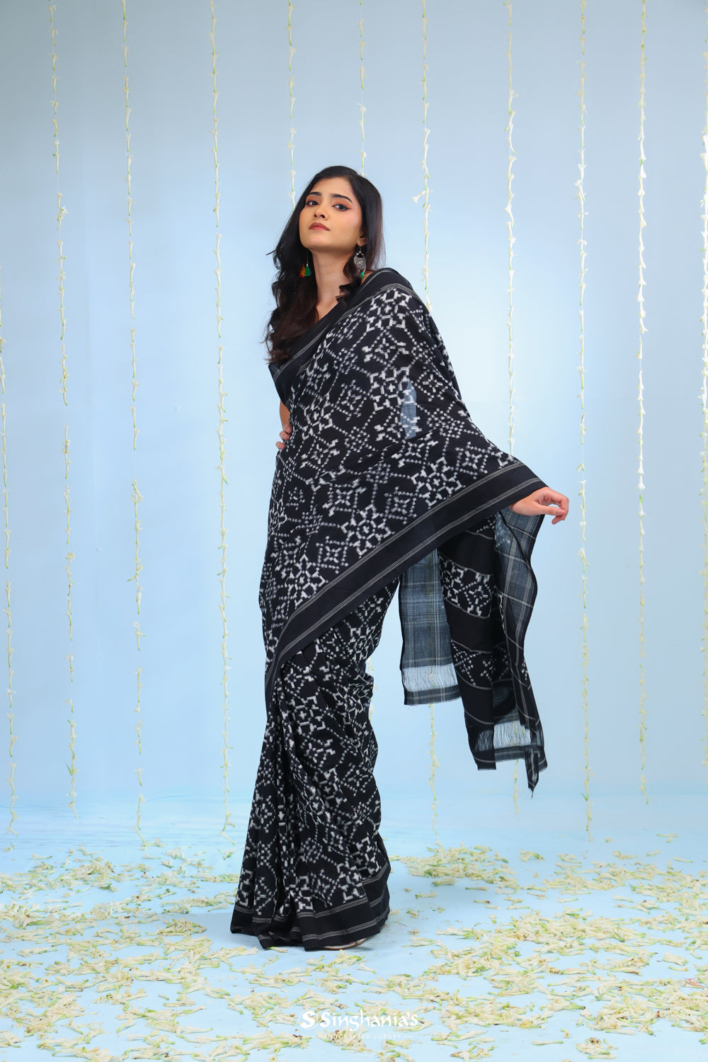 Night Black Ikkat Cotton Saree With Small Border