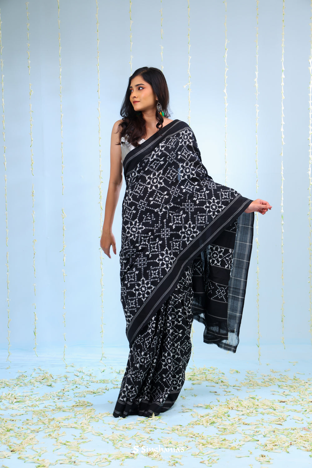 Night Black Ikkat Cotton Saree With Small Border