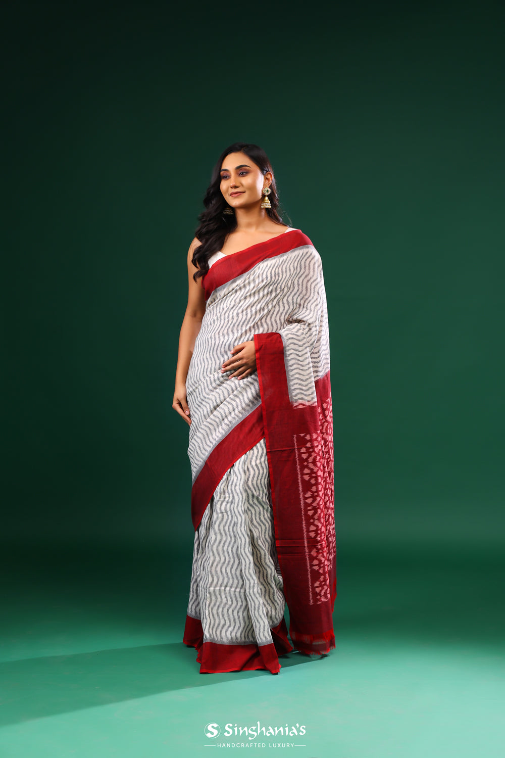 Red Grey Ikkat Cotton Saree With Wave Pattern