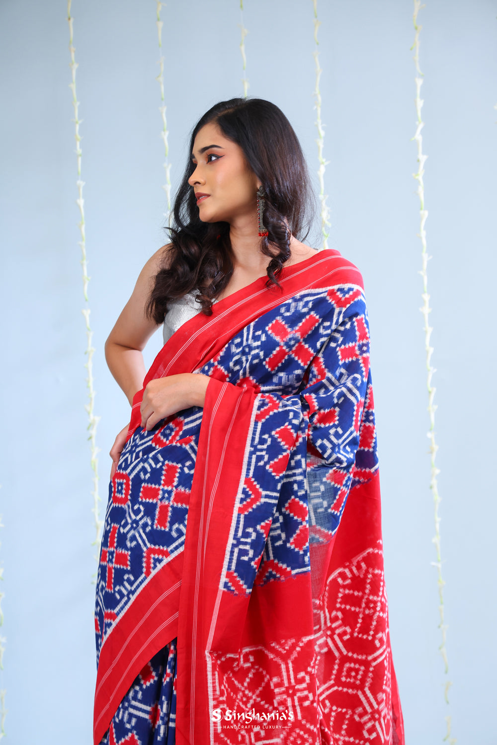 Deep Blue Ikkat Cotton Saree With Traditional Design