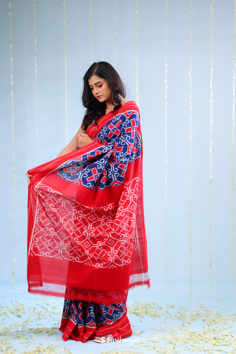 Deep Blue Ikkat Cotton Saree With Traditional Design