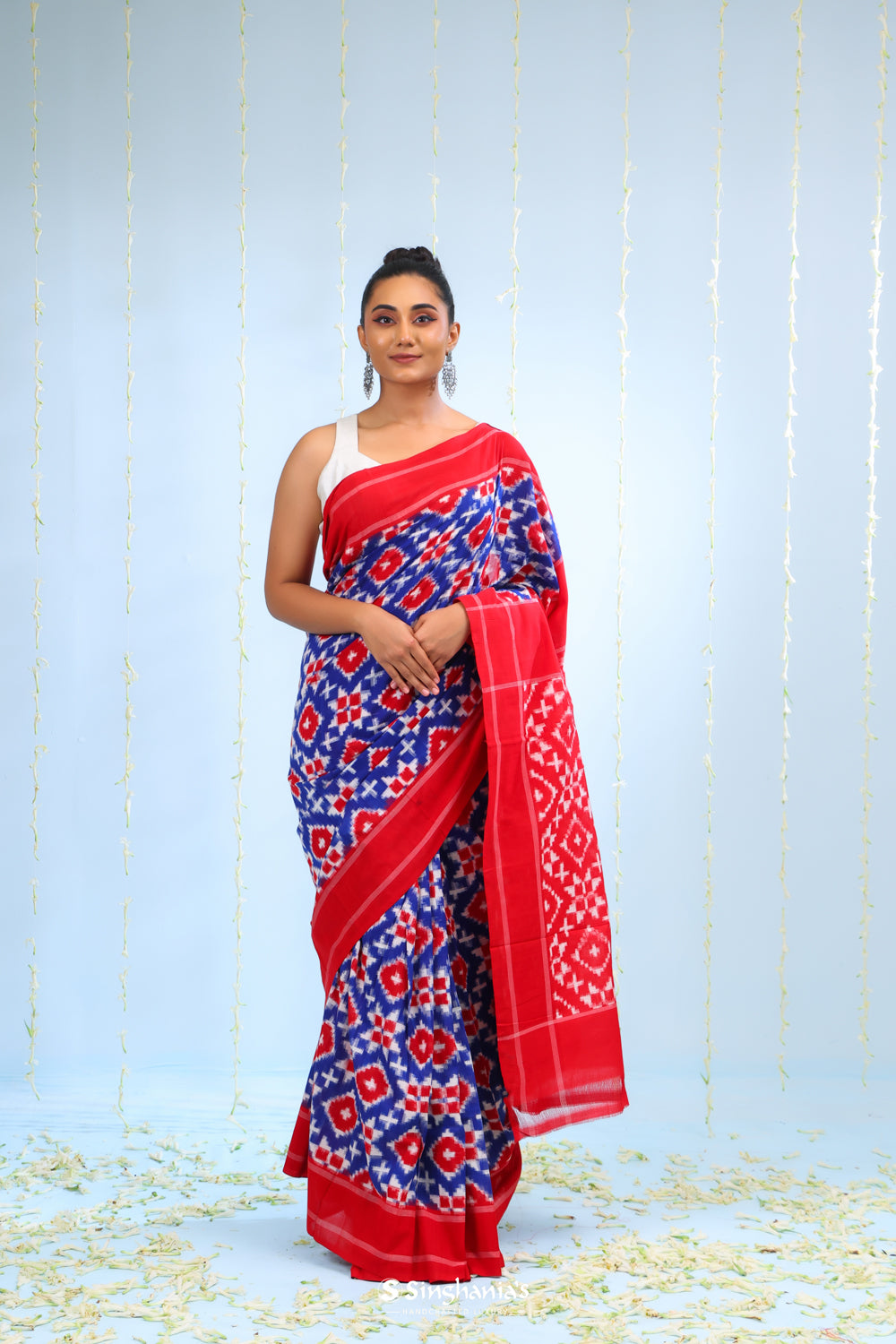 Deep Blue Ikkat Cotton Saree With Contrast Border