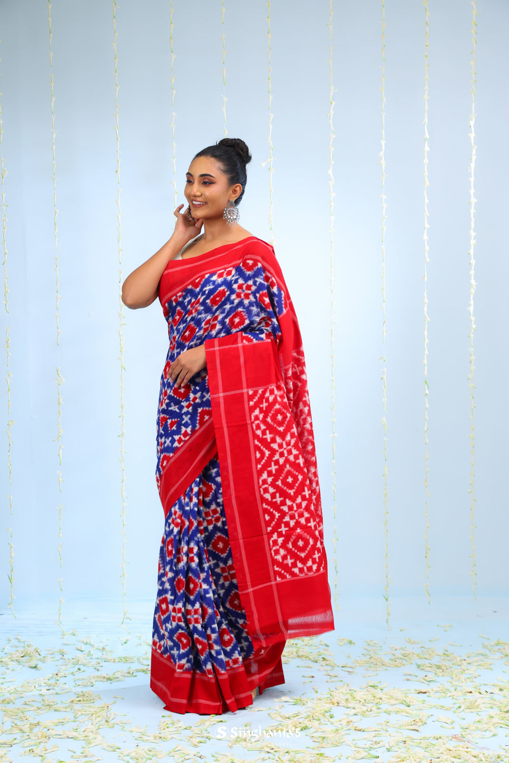 Deep Blue Ikkat Cotton Saree With Contrast Border