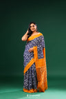 Navy Blue Ikkat Cotton Saree With Contrast Border