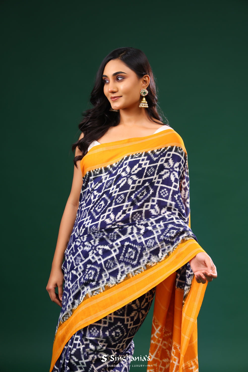 Navy Blue Ikkat Cotton Saree With Contrast Border