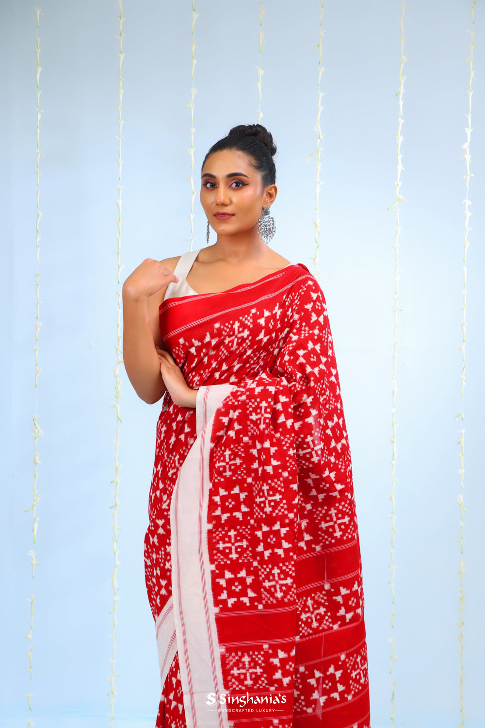 Chief Red Ikkat Cotton Saree With All-Over Design