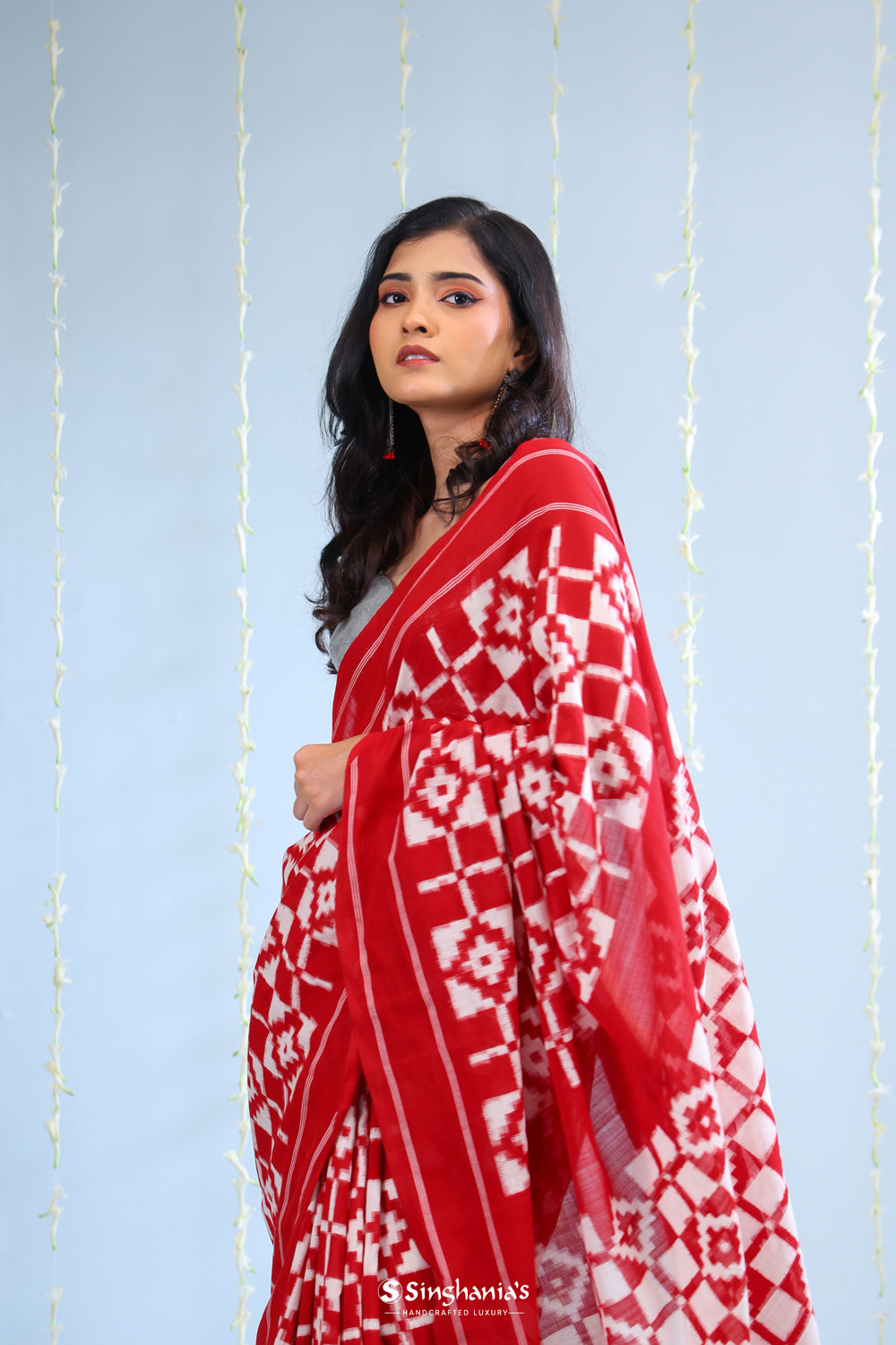 Carnelian Red Ikkat Cotton Saree With Contrast Border