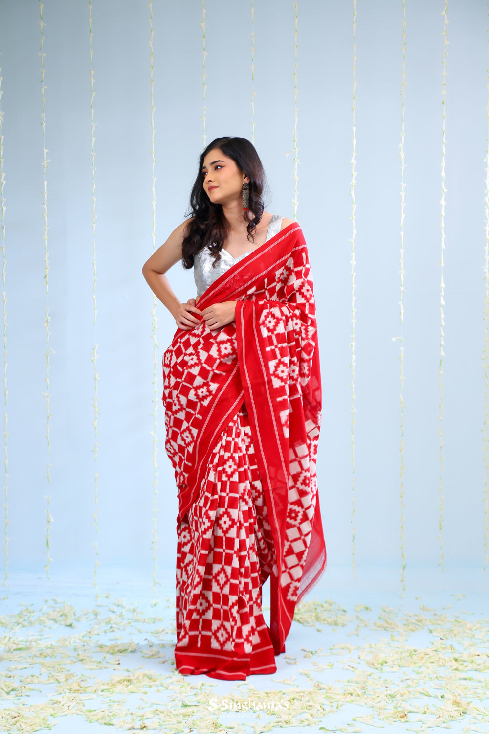 Carnelian Red Ikkat Cotton Saree With Contrast Border