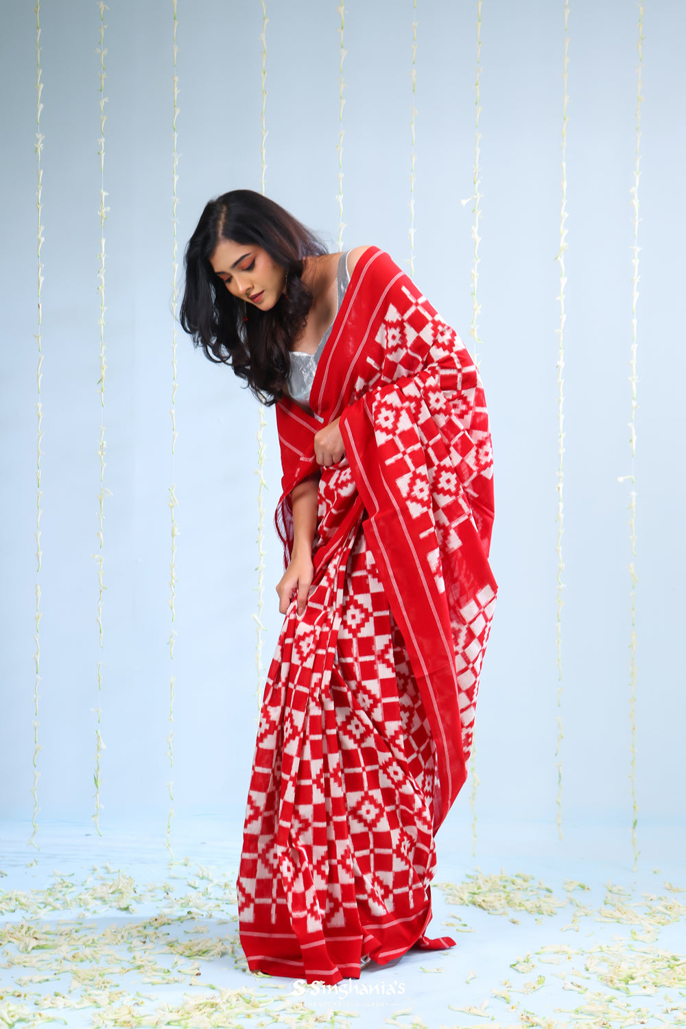 Carnelian Red Ikkat Cotton Saree With Contrast Border