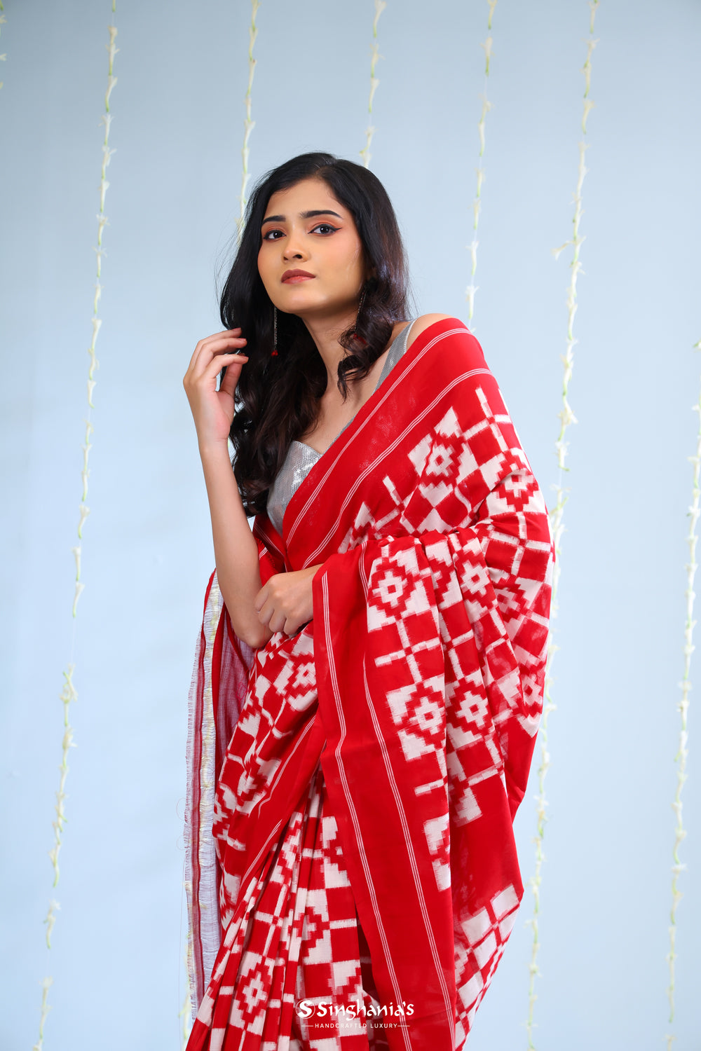 Carnelian Red Ikkat Cotton Saree With Contrast Border