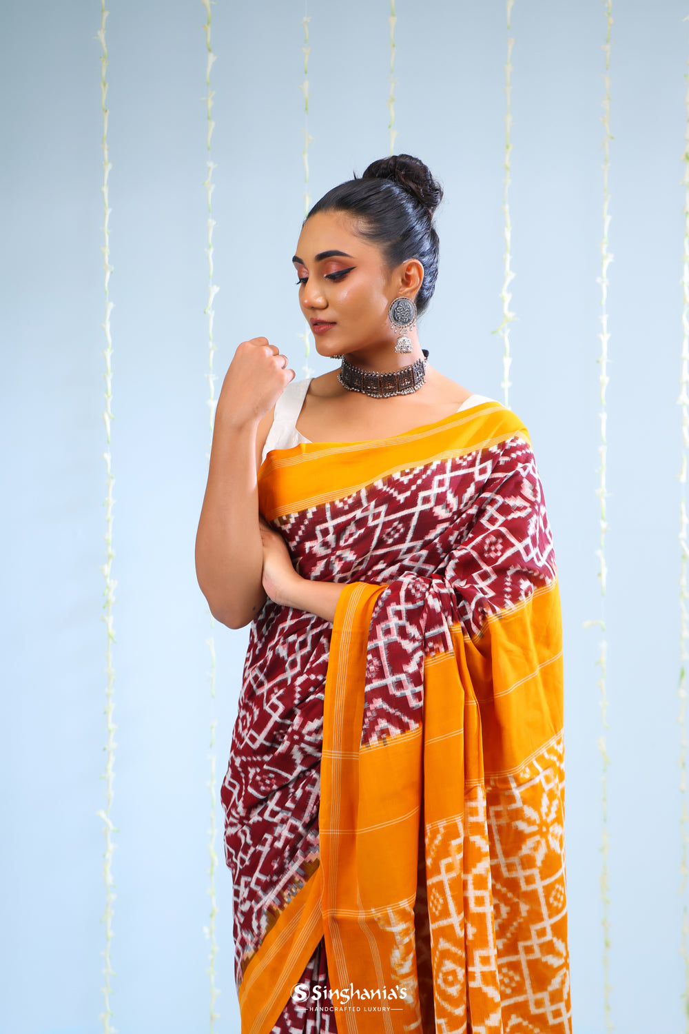 Marigold Orange Ikkat Cotton Saree With Traditional Design