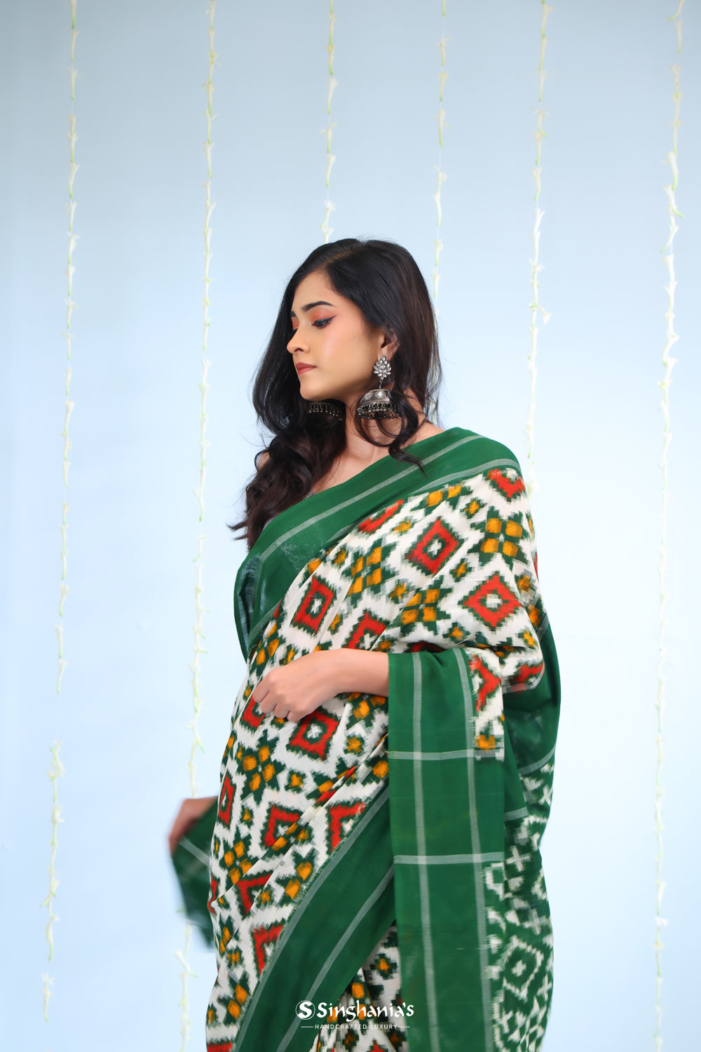 Ivory White Ikkat Cotton Saree With Green Border