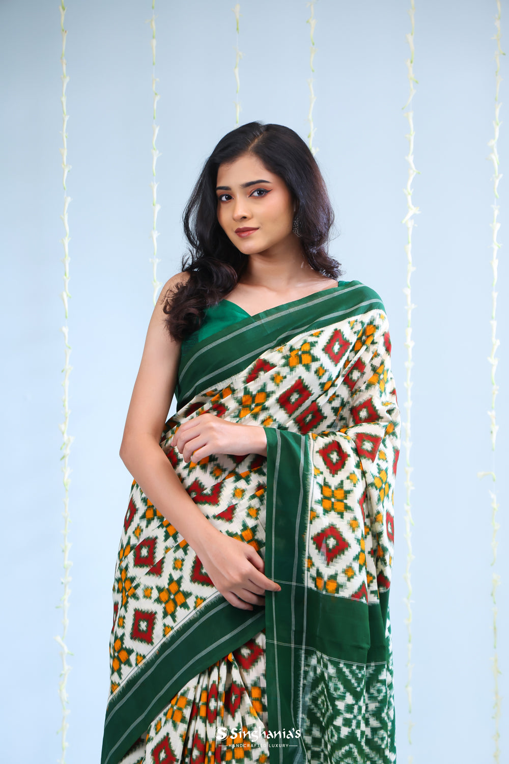 Green White Ikkat Cotton Saree With Contrast Border