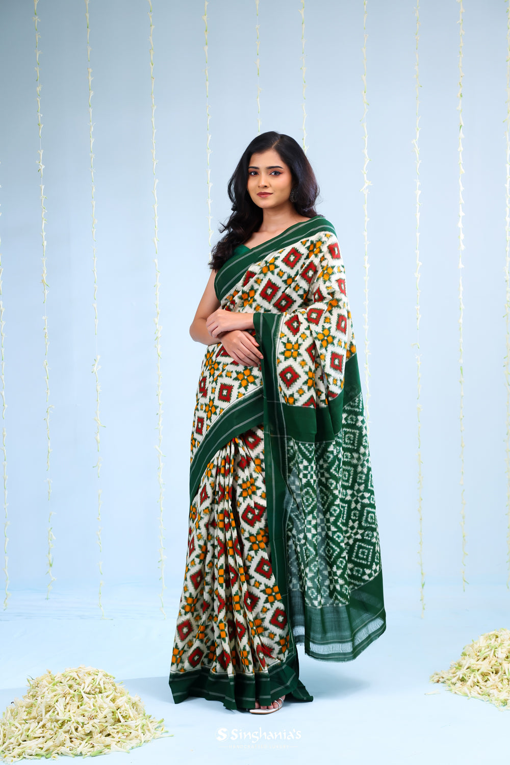 Green White Ikkat Cotton Saree With Contrast Border