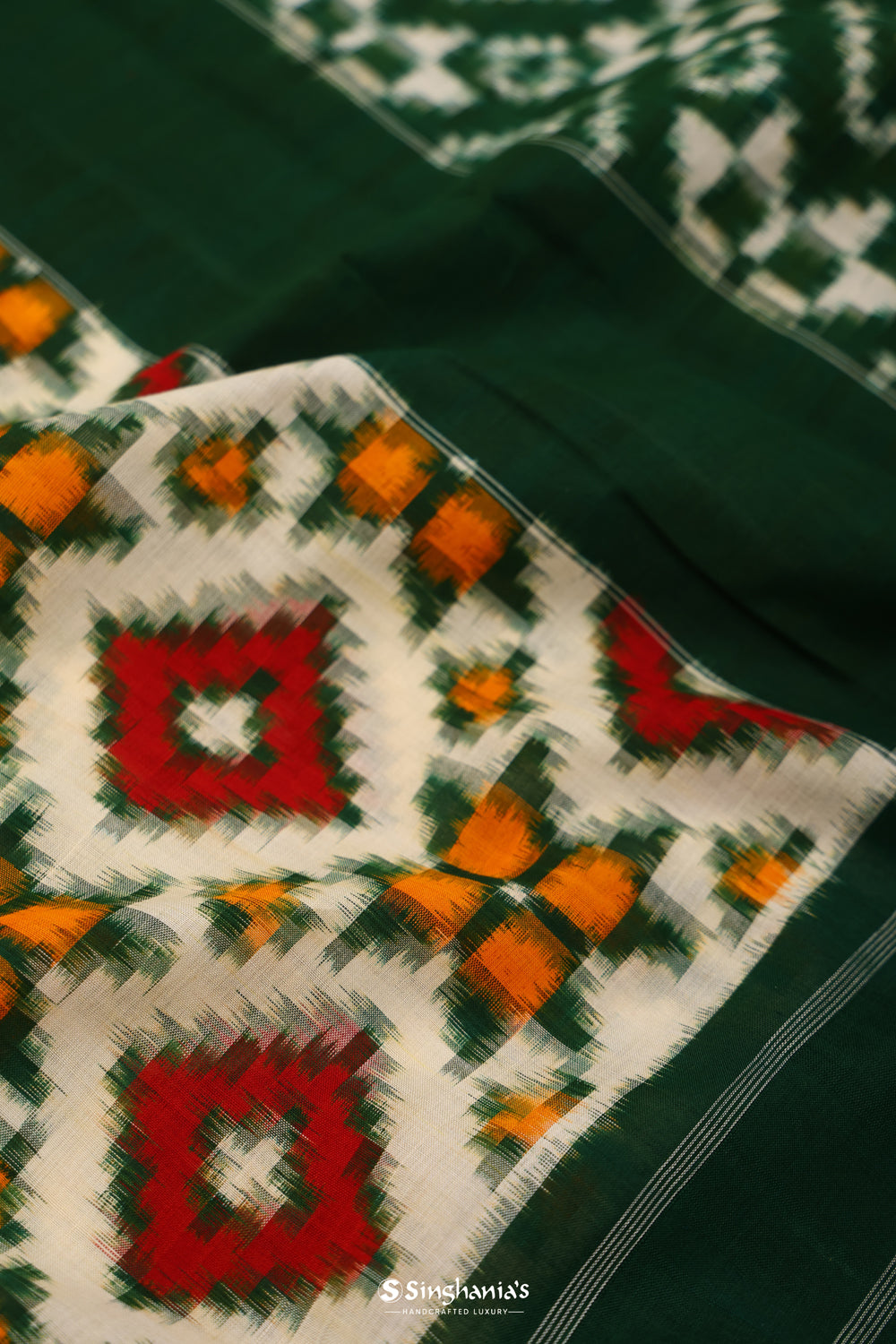 Green White Ikkat Cotton Saree With Contrast Border