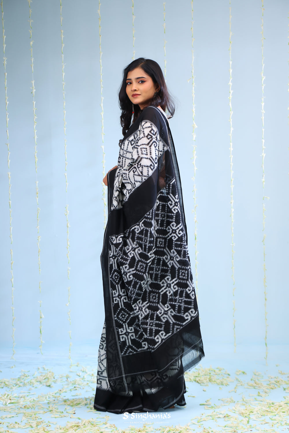 White Black Ikkat Cotton Saree With Traditional Pattern