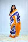 Cerulean Blue Ikkat Cotton Saree With Contrast Border