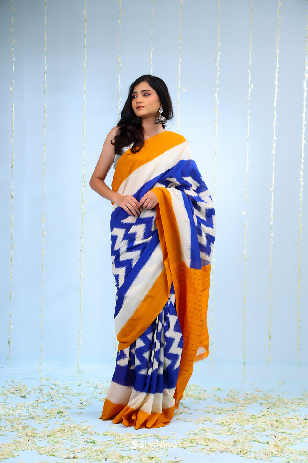 Cerulean Blue Ikkat Cotton Saree With Contrast Border