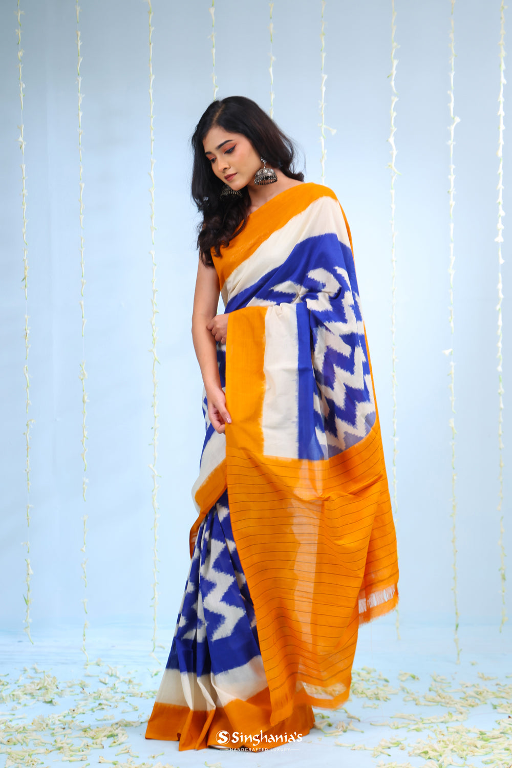 Cerulean Blue Ikkat Cotton Saree With Contrast Border